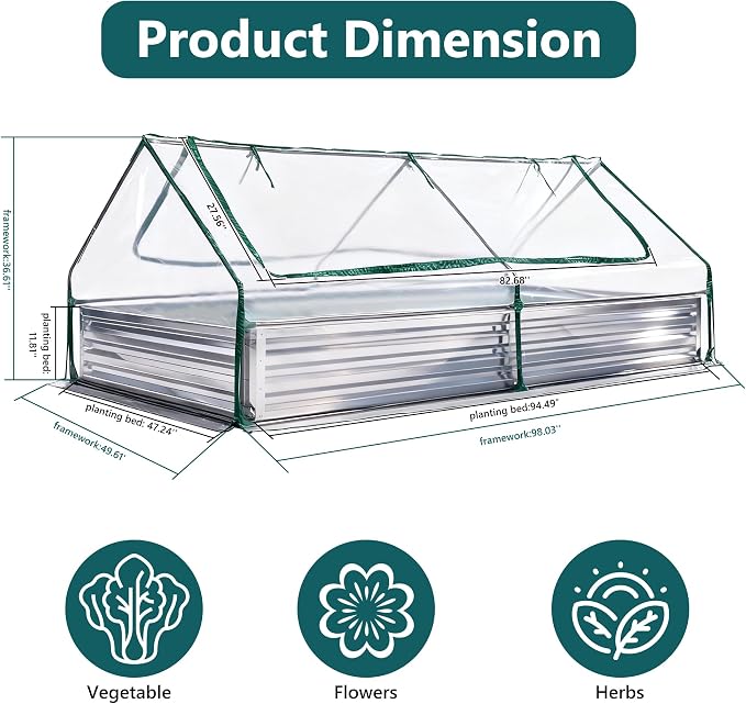DUMOS Galvanized Raised Garden Bed with Cover, 8x4x1ft Metal Planter Box Outdoor for Deep-Rooted Vegetables Flowers Herbs, Garden Bed Mini Greenhouse for Patio Balcony Backyard, Open Bottom, Clear