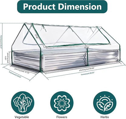 DUMOS Galvanized Raised Garden Bed with Cover, 8x4x1ft Metal Planter Box Outdoor for Deep-Rooted Vegetables Flowers Herbs, Garden Bed Mini Greenhouse for Patio Balcony Backyard, Open Bottom, Clear