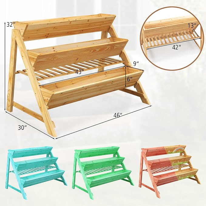 3-Tier Raised Garden Bed, Elevated Gardening Bed with Storage Shelf, Bed Liner, Garden Planter for Flowers, Vegetables, Herbs, Pine Wood Planter Box for Patio, Balcony, Porch