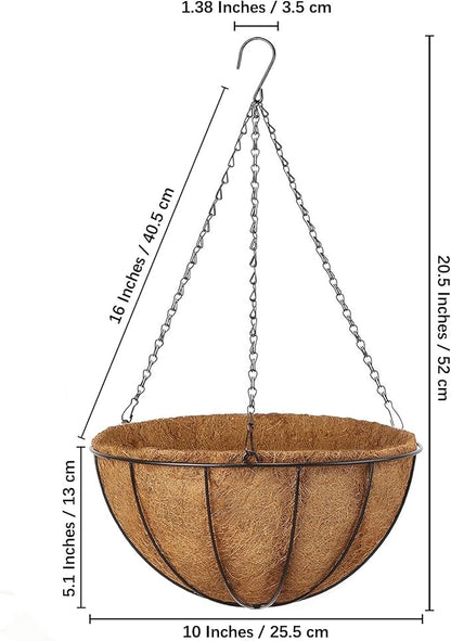 LCHUANG Hanging Baskets Planter for Plants - 4 Pack 10 Inch Metal Baskets with Coco Coir Liner, Hanging Flower Pots for Outside with Chain, Indoor Outdoor Garden Porch Decoration (10'' Pack of 4)