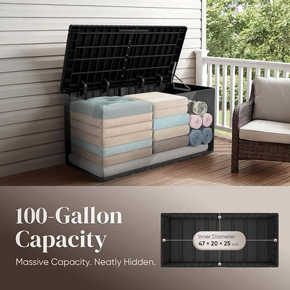 Quictent 100 Gallon Resin Deck Box, Outdoor Storage Bench, Weatherproof Waterproof, Heavy Duty UV Resistant, Lockable Container