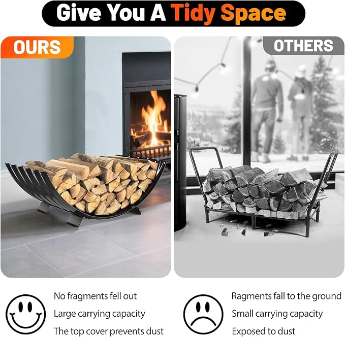Metal Firewood Rack Outdoor By Fire Pit/Steel Logs Storage Indoor Beside Fireplace-with Metal Legs,Rustproof,Durable & Stylish Firewood Holder (Sector, 32 Inches Diameter)