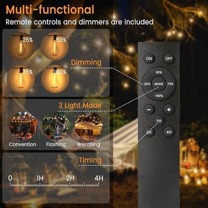 String Lights for Outside,75FT Patio Lights with 50+3 Bulbs(1.5FT Bulbs Spacing), outdoor string lights, Remote & Dimmer, 3 Mode Light & Timing, 50PC Mounting Ties for Outside, 2200K(Black)