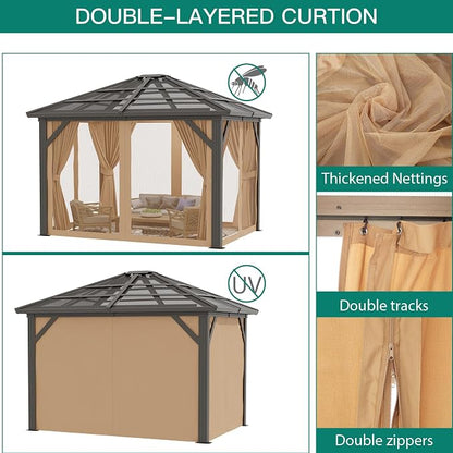 GAOMON 10x12ft Gazebo, Hardtop Outdoor Canopy Aluminum Frame Permanent Gazebo with Netting and Curtains, Polycarbonate Garden Tent for Patio, Lawn, Backyard, Deck (10'x12')