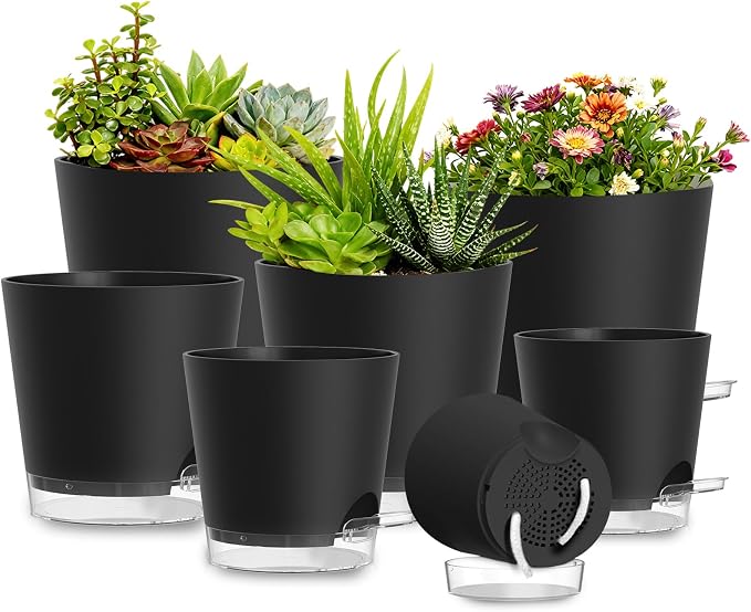 Plant Pots 4/5/5.5/6/6.5/7/8 Inch Self Watering Pots, 7 Pack Plastic Planters with Drainage Holes and Clear Saucers,Plastic Flower Pots,Nursery Planting Pot for Indoor Out Door Plants(Black)