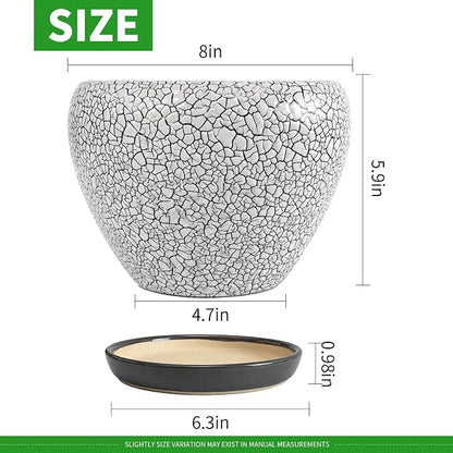 Deep Dream 8 Inch Plant Pots- Ceramic Pots for Plants with Drainage Hole and Saucer, Large Planter Pot for Indoor Plants Outdoor Decor, Wood Crack Black