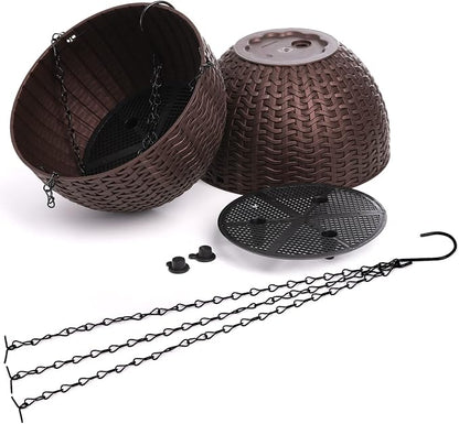 Foraineam 4 Pack 8.2 inch Self-Watering Hanging Planters, Garden Flower Plant Pot Container, Hanging Basket Planter with Drainer and Chain for Indoor Outdoor Use, Coffee Brown