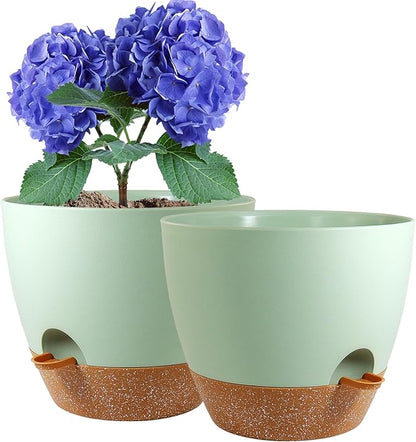 WSMKSZ 8 inch Self Watering Pots, 2 Pack Plastic Planters with Mesh Drainage Holes for Garden Plants and Flower, Plants Pots with Deep Reservoir for Indoor Outdoor Plants, Green with Brown