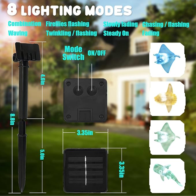 Nautical Solar Lights for Outside Sea Fish Outdoor Garden Decor Marine Fairy Garden Light Waterproof Whale Shark Mola Manta Ocean Solar Outdoor Decorative String Lights 14ft 40LED Patio Yard Decor