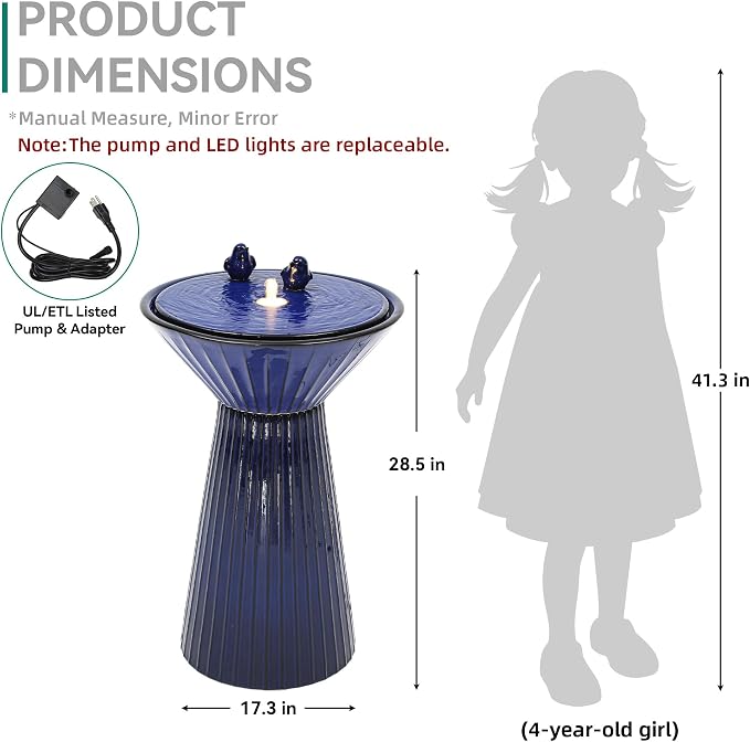 AUTODAYA 28" Ceramic Outdoor Water Fountain LED Birdbath, Cobalt Blue | reactive glaze finish, bird accents, patio garden porch Backyard