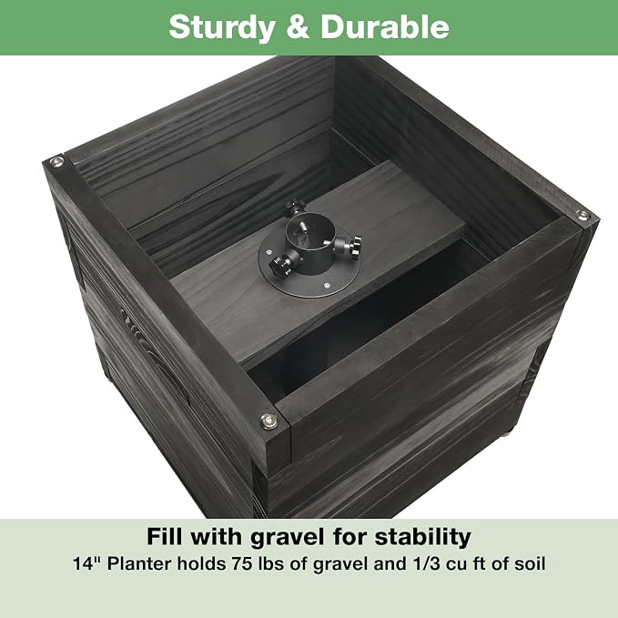 Large Decorative Wooden Planter w/ Universal Pole Support for String Light Poles, Umbrellas, Bird Feeders. Solid Wood Outdoor Garden Patio Box for Plants(Does not include Pole), 14"x14"x14", Black