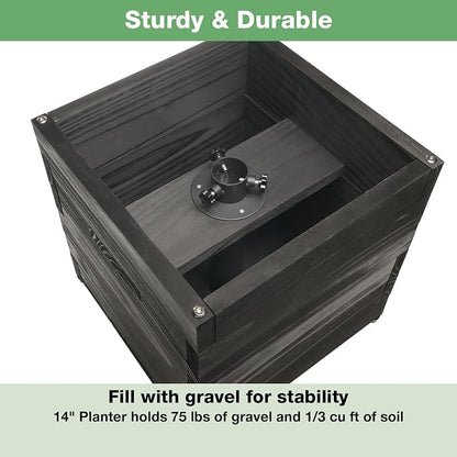 Large Decorative Wooden Planter w/ Universal Pole Support for String Light Poles, Umbrellas, Bird Feeders. Solid Wood Outdoor Garden Patio Box for Plants(Does not include Pole), 14"x14"x14", Black