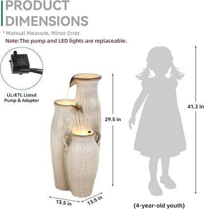 29.5" H Ceramic Outdoor Water Fountain with LED Lights, 3-Tier Vase Cascading Water Feature, Beige Glaze with Embossed Leaf Patterns, Tranquil Waterfall for Garden, Patio, Yard, or Porch