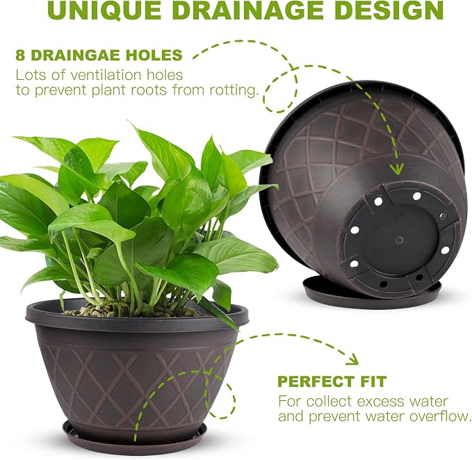 4 Pack 16 Inch Large Plant Pots, Plastic Flower Pots for Indoor & Outdoor with Drainage Holes & Saucer, Imitation Diamond Pattern Design Planters Garden Pots for Herbs (Brown)