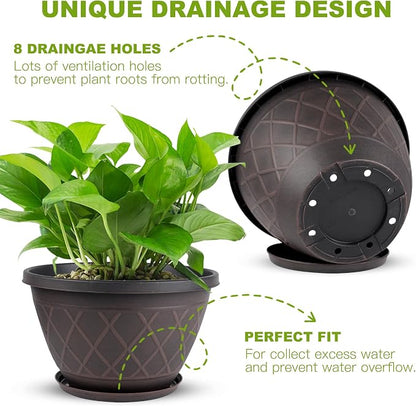 4 Pack 10 Inch Plant Pot, Planter Pots with Drainage Holes & Saucers, Modern Plaid Pattern Planters Garden Pots for Herbs, Decorative Plastic Flower Pots for Outdoor Indoor Home Plants (Brown)