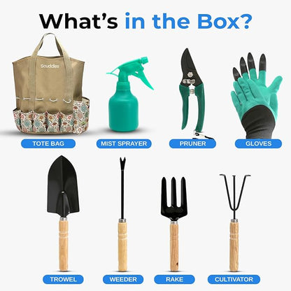 Scuddles All-in-One Garden Tool Kit with Tote Bag and Claw Garden Gloves | Stainless steel hand tools, claw gloves and reinforced tote for planting, pruning, digging and garden maintenance