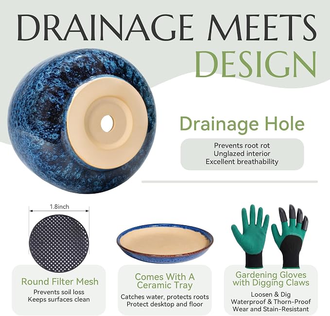 7.5 Inch Flower pots for Indoor Outdoor Plants with Saucer Drainage Leak-Proof Mesh, Ceramic Planter with Gardening Gloves for Succulent and Flower(Peacock Blue)