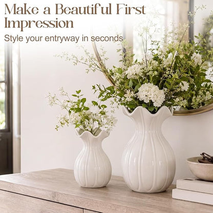 2 Pack White Ceramic Vase Set Small Rustic Decorative Vases Home Decor Wavy Edge Modern Flower Vases for Farmhouse Table Centerpiece Living Room Kitchen Bedroom (6.7, 7.9in, Elegant)