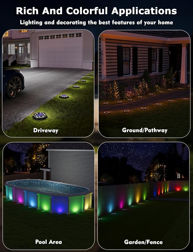 Color Changing Solar Ground Lights with Remote, IP67 Waterproof, 10Pack | 9-Color & 2 Dynamic RGB, 33ft Long Distance Remote Control, Dusk-to-dawn Light Up, Outdoor Flat Disk Light for Yard Lawn Path