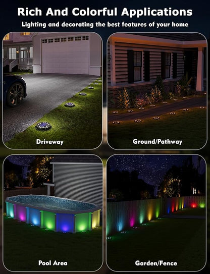 Color Changing Solar Ground Lights with Remote, IP67 Waterproof, 10Pack | 9-Color & 2 Dynamic RGB, 33ft Long Distance Remote Control, Dusk-to-dawn Light Up, Outdoor Flat Disk Light for Yard Lawn Path