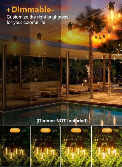 Brightown Outdoor String Lights, 50FT 15 Bulbs Shatterproof Patio Lights, IP65 Waterproof Dimmable Hanging Connectable LED Outdoor Lights for Backyard, Bistro, Porch, Deck, Balcony