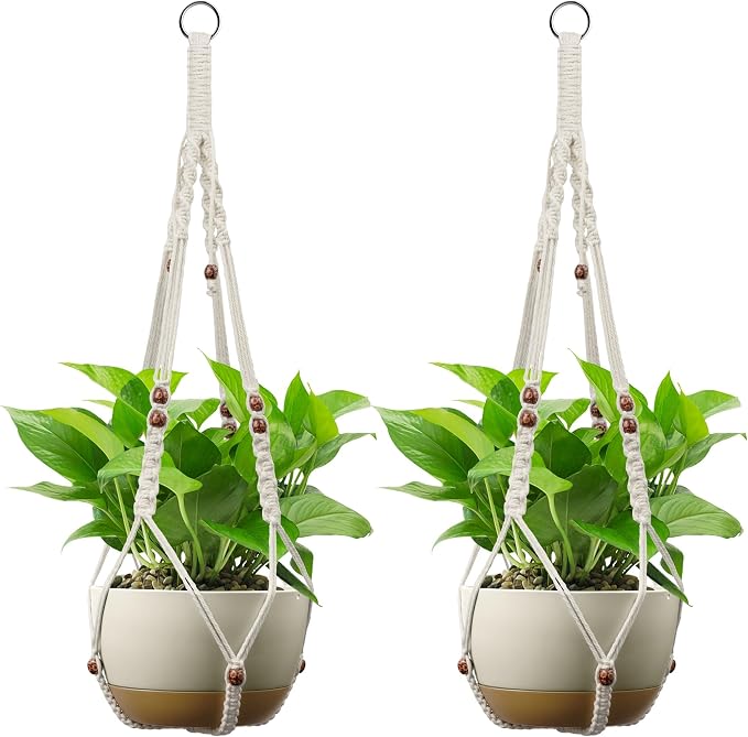USLAI Macrame Plant Hanger Indoor Outdoor, Fits 4 to 15 Inch Pots, Strong Hanging Planter Holder, Boho Home Decor, 35+35 Inch, Ivory+Red Bead, Set of 2 (POTS NOT Included)