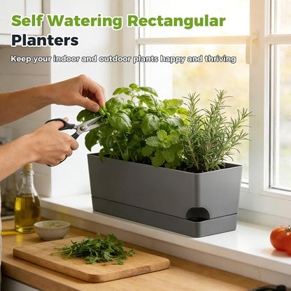 2 Pack Rectangle Self Watering Pots for Indoor Plants 17 Inches Window Boxes Planters Rectangular Flower Pots Herb Large Plant Pots with Drainage Holes and Saucers Windowsill Planter, Grey
