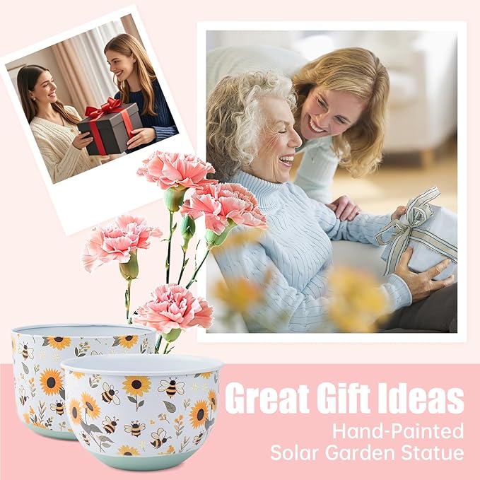 Joint Honglin Butterfly & Bee Metal Planters Set of 2 – Decorative Flower Pots with Colorful Garden Prints, Outdoor & Indoor Use Cute Spring Floral Design for Patio, Balcony, Home Decor (Bee)
