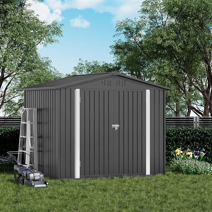 COMHOMA Shed Outdoor Storage Shed Metal,Lockable Doors Tool Sheds with Sloping Roof,Steel Garden Shed with Air Vent for Backyard,Patio,Lawn,Poolside(Grey,8'x6') | Sloping Roof and Air Vent Perfect for Backyard Patio Lawn and Poolside