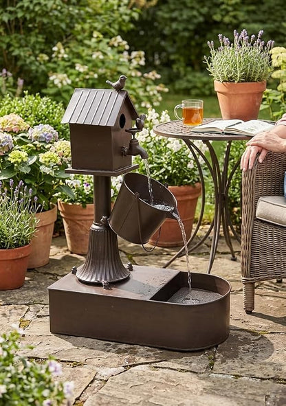 Metal Outdoor Garden Fountain 27" Soothing Water Flow | Rustproof Garden Water Features with Pumb & Debris Filter Screen, Heavy Duty Birdhouse Waterfall for Outside Patio Yard Porch