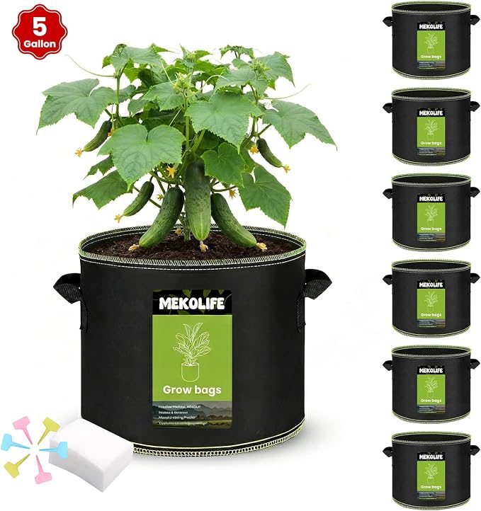 MEKOLIFE Fabric Grow Bags（5 Gallon 6Pack）, Thickened Aeration Planter Bags with Handles Plant Tags Seedling Bags for Outdoor Indoor Vegetable Garden, Black