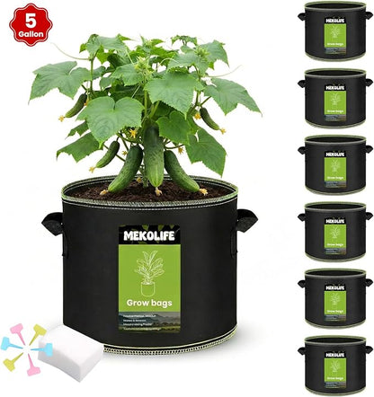 MEKOLIFE Fabric Grow Bags（5 Gallon 6Pack）, Thickened Aeration Planter Bags with Handles Plant Tags Seedling Bags for Outdoor Indoor Vegetable Garden, Black