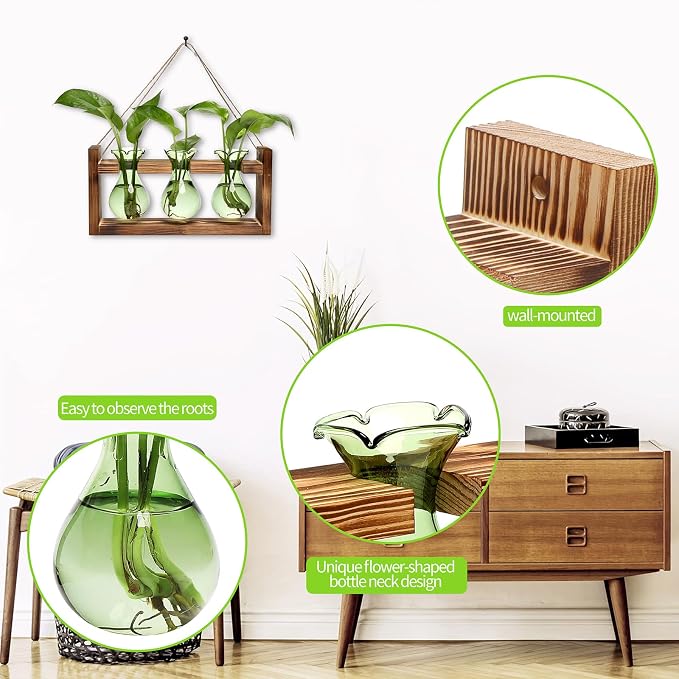 Plant Propagation Station Plant Terrarium Unique Birthday Gifts for Women | Plant Lovers Home Office Decor Planter with Wooden Stand - 3 Bulb Glass Vase
