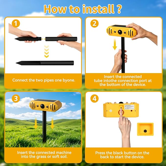 Solar Ultrasonic Animal Repellent with 13 Predator Sounds & Strobe Lights-IP55 Waterproof Sonic Alarm Deterrent for Cat,Deer,Raccoon,Squirrels,2-in-1 Stake or Wall Mount for Yard,Garden,Farm & Patio