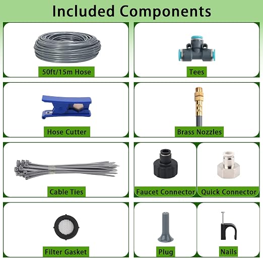 50FT 5/16" Quick-Connect Drip Irrigation System Kit, Automatic Garden Watering System with 15 Pcs Adjustable Spray Nozzles for Garden, Greenhouse, Yard, Lawn