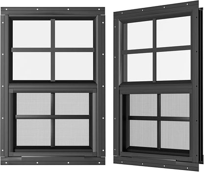 2 Pack Shed Windows 24" W x 36" H Flush Mount, Black Household Windows for Playhouses, Barns, Chicken Coop