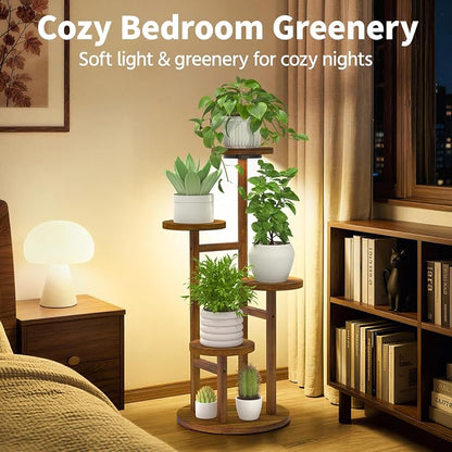 LASZOLA 4 Tiered Wood Plant Stand Indoor Corner with Grow Lights, Flower Holder Rack Tall for Multiple Plants, Rustic Planter Shelf Display for Patio Garden Balcony Living Room, Brown
