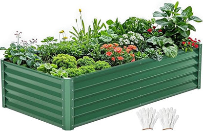 DWVO 6 x 3 x 1.5 FT Raised Garden Bed Kit, Outdoor Galvanized Flower Bed with Gloves, Large Metal Planter Box for Vegetables, Flowers, Herbs, Fruits, Green