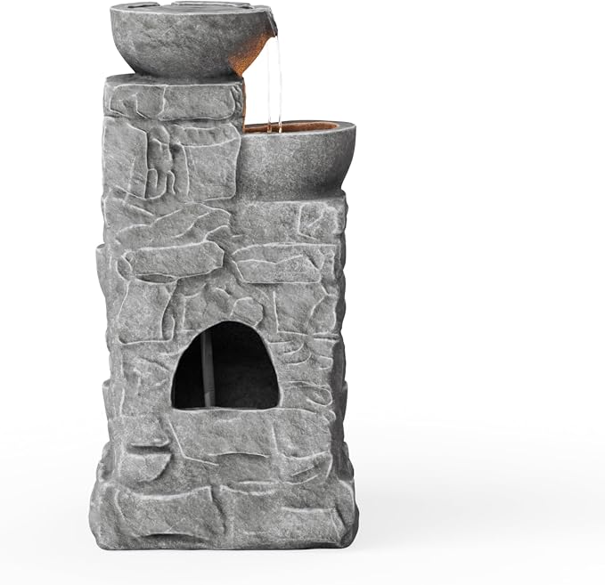 Teamson Home 33" Outdoor Water Fountain with LED Lights | 3-Tier Cascading Bowls, Weather-Resistant Resin, Garden Water Feature, Stone Gray