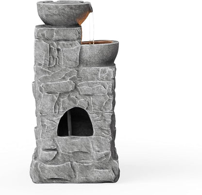 Teamson Home 33" Outdoor Water Fountain with LED Lights | 3-Tier Cascading Bowls, Weather-Resistant Resin, Garden Water Feature, Stone Gray