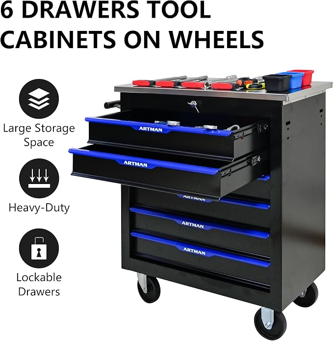 6-Drawer Rolling Tool Chest, Lockable Stainless Top for Garage, Black&Blue | Heavy Duty Modular Roll Around Tool Cabinet with Drawers for Workshop and Tool Box Storage