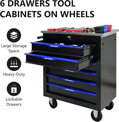 6-Drawer Rolling Tool Chest, Lockable Stainless Top for Garage, Black&Blue | Heavy Duty Modular Roll Around Tool Cabinet with Drawers for Workshop and Tool Box Storage