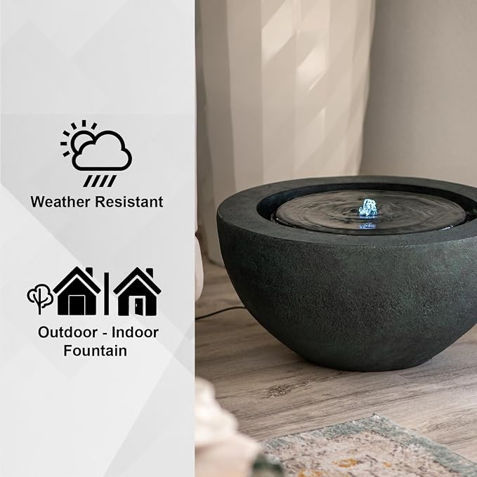 XBrand 9.65" H Round Sphere Water Fountain Indoor/Outdoor with LED Light, Polyresin Bubbler Feature for Patio, Yard, Home Décor - Dark Green, Tranquil Serene Garden Accent