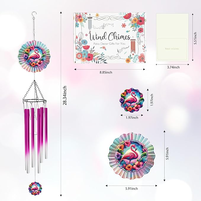 Flamingo Wind Chimes for Outside with Wind Spinner, Summer Garden Patio Yard Porch Decor, Tropical Flower Wind Chime with Colorful Gift Box, Summer Birthday Housewarming Gifts for Women Mom