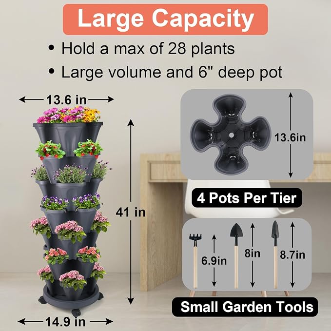 GameXcel Vertical Planter Tower - 7 Tier Stackable Garden Planters with Wheels and Tools Plant Pots for Strawberry Herb Flower and Vegetable Indoor Outdoor Use Dark Gray