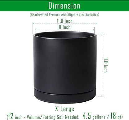 D'vine Dev 12 Inch Ceramic Planter Pot, Black, 94-O-F-2 | Modern Cylinder Design, Drainage Hole & Saucer Included, Stable Structure, Elegant Home Accent