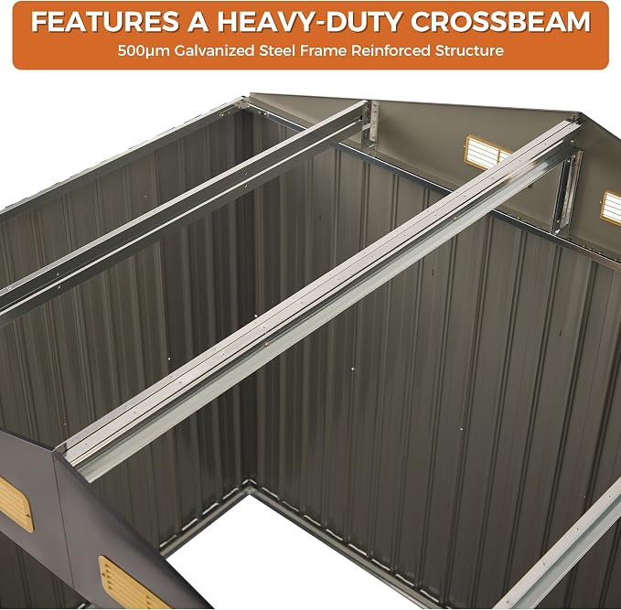 IRONCK 8x6FT Outdoor Storage Shed with Lockable Doors, 7.4x5.3FT Base Galvanized Steel Metal Garden Tool Shed with Breathable Vent for Yard Bins/Generator/Wheelbarrow Storage, Brown