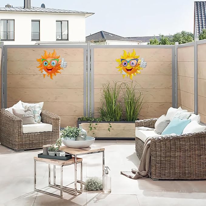 2Pcs Metal Sun Wall Decor, 13Inches Sun Outdoor Wall Art for Garden Yard Room Kitchen Patio Fence Decorations