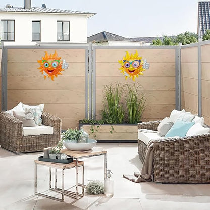 2Pcs Metal Sun Wall Decor, 13Inches Sun Outdoor Wall Art for Garden Yard Room Kitchen Patio Fence Decorations
