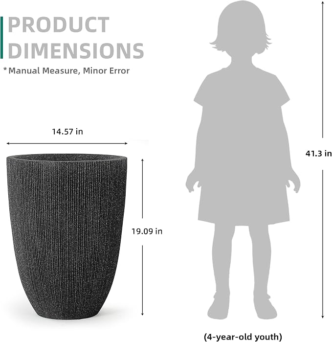 2-Pack 19" Black Resin Tall Round Planters with Fluted Texture | Set of 2 resin tall planters with black fluted texture, drainage plugs, and UV-resistant finish for porch or patio